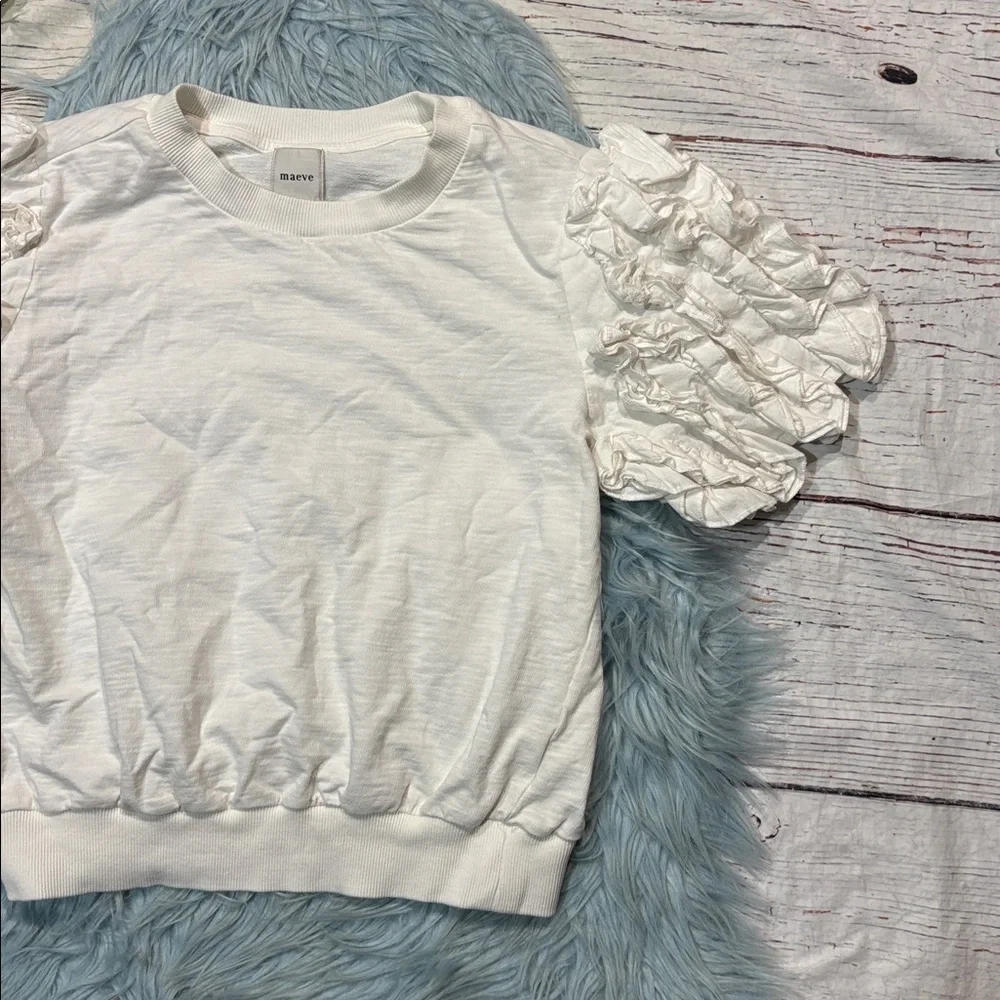 Anthropologie Maeve Ruffled Puff-sleeve Tee In White